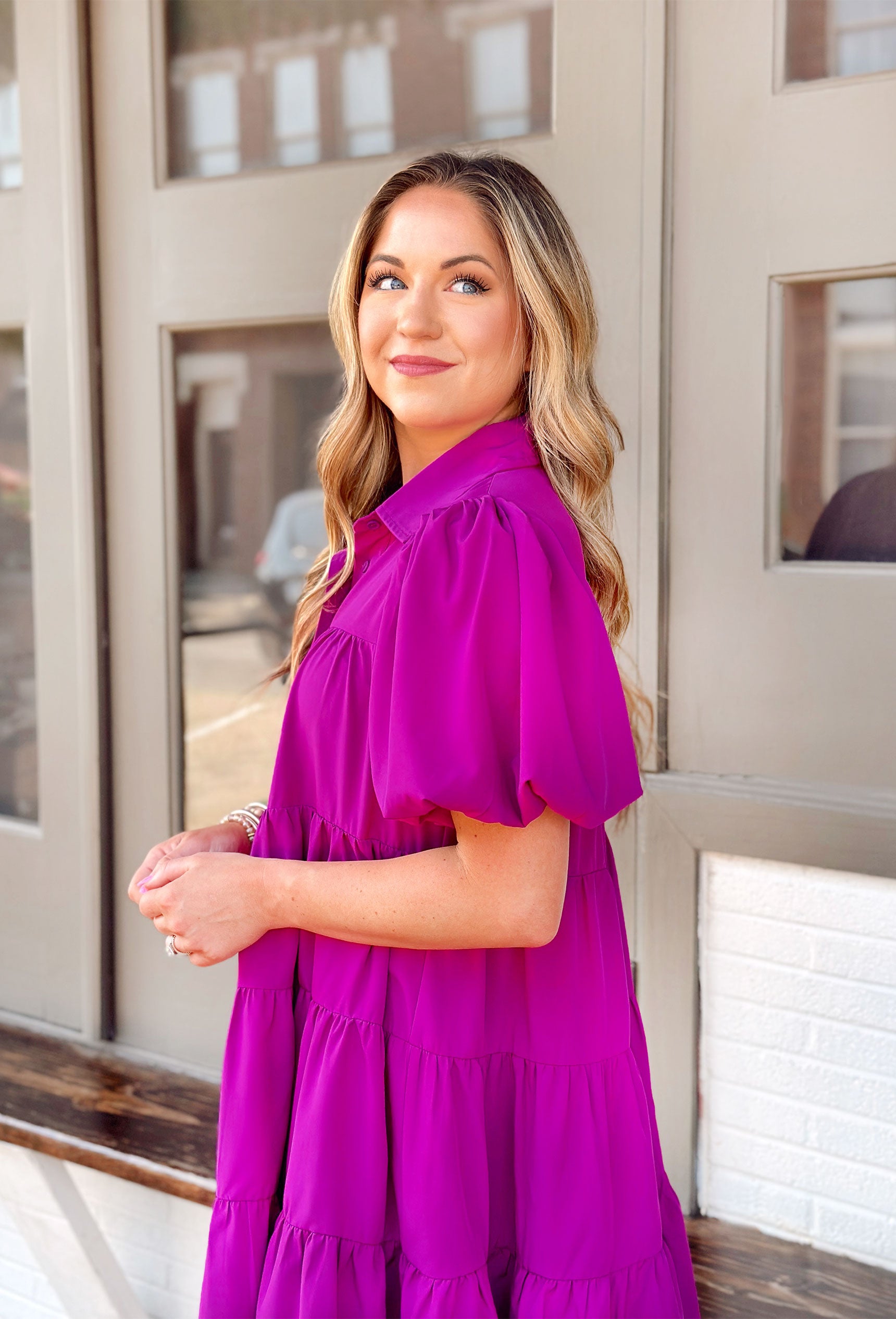 Serena Dress in Violet, puff sleeve button up dress with collar and tiers