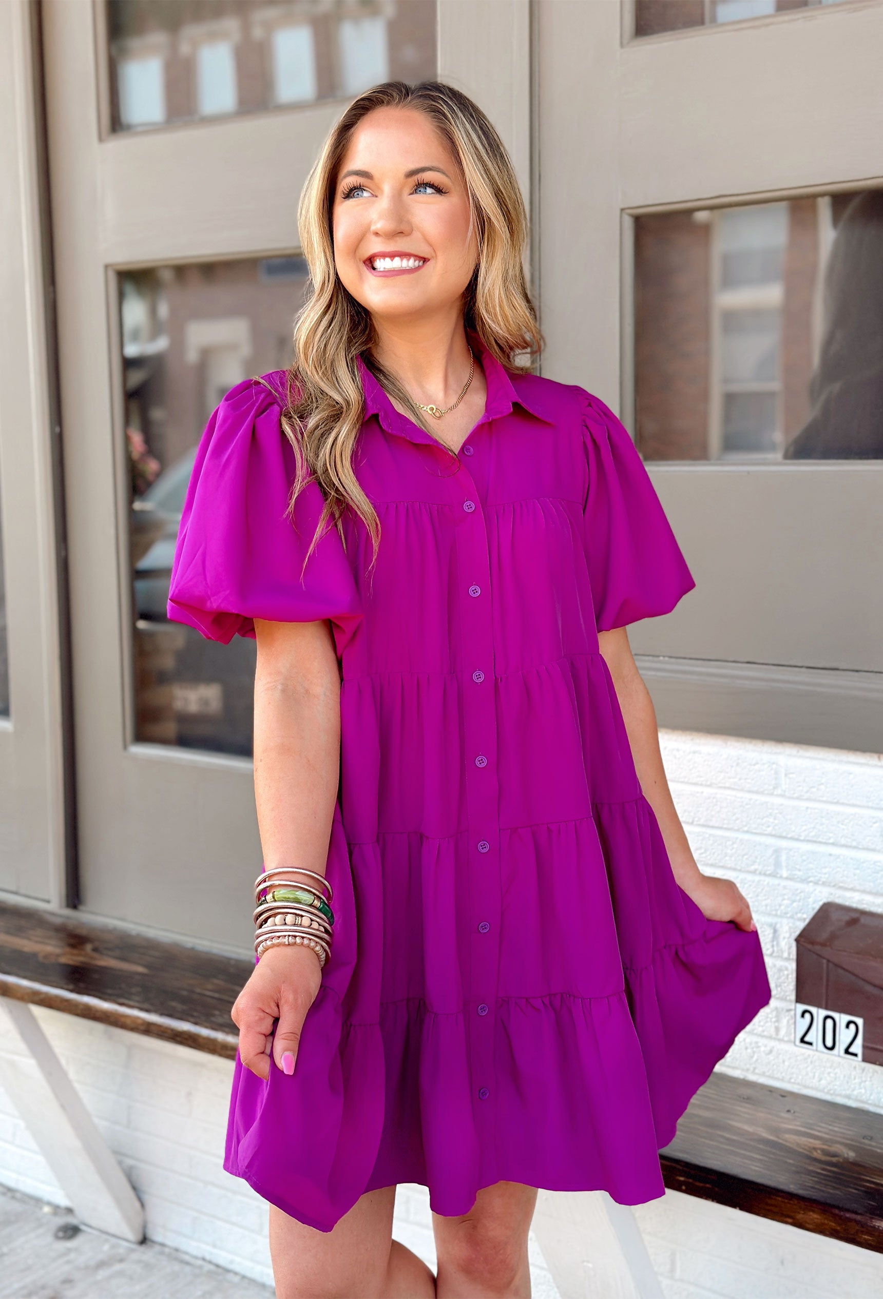 Serena Dress in Violet, puff sleeve button up dress with collar and tiers