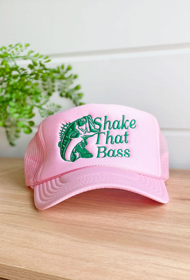 Charlie Southern: Shake That Bass Trucker Hat, pink trucker hat with "shake that bass" embroidered in green
