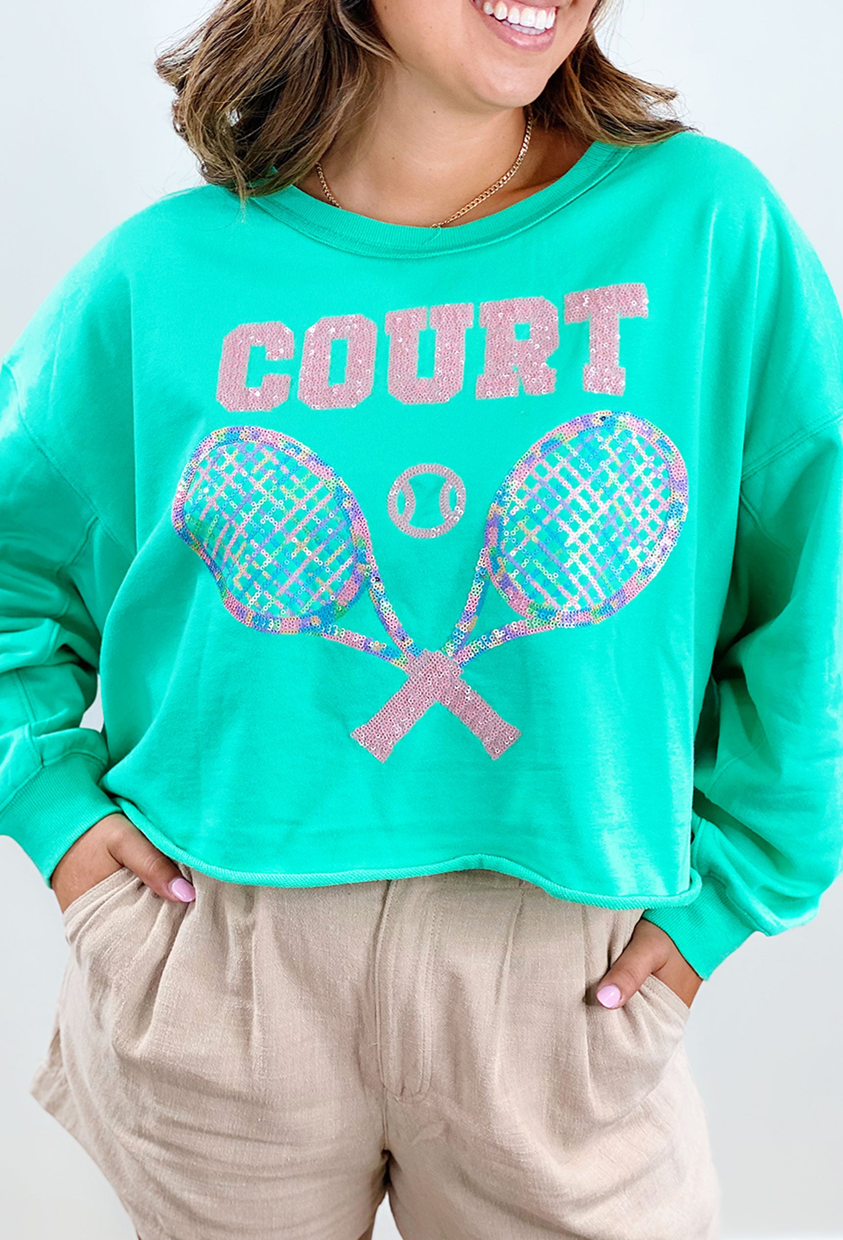 Sporty Girl Sequin Pullover, mint colored cropped pullover with sequin tennis rackets 