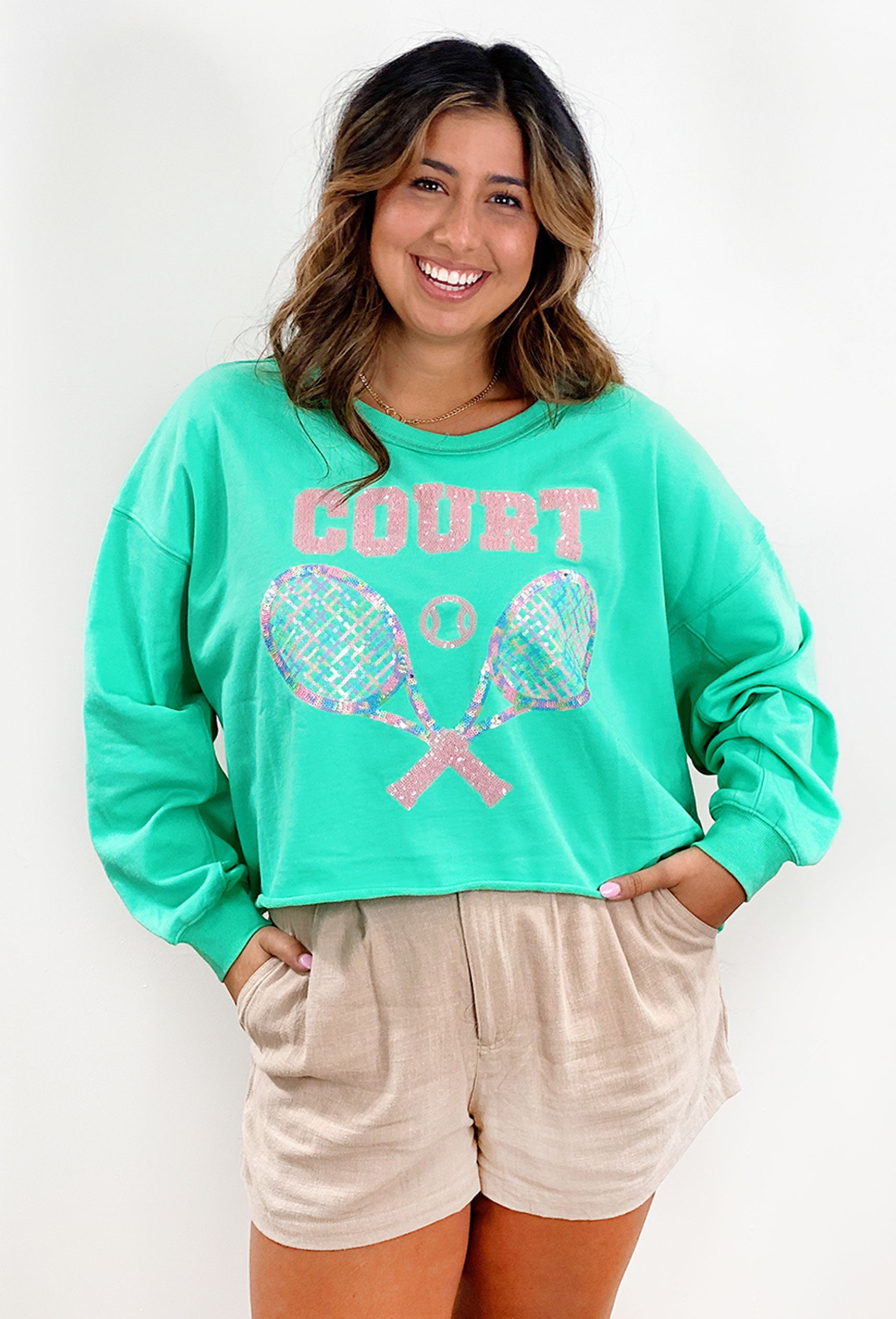 Sporty Girl Sequin Pullover, mint colored cropped pullover with sequin tennis rackets 