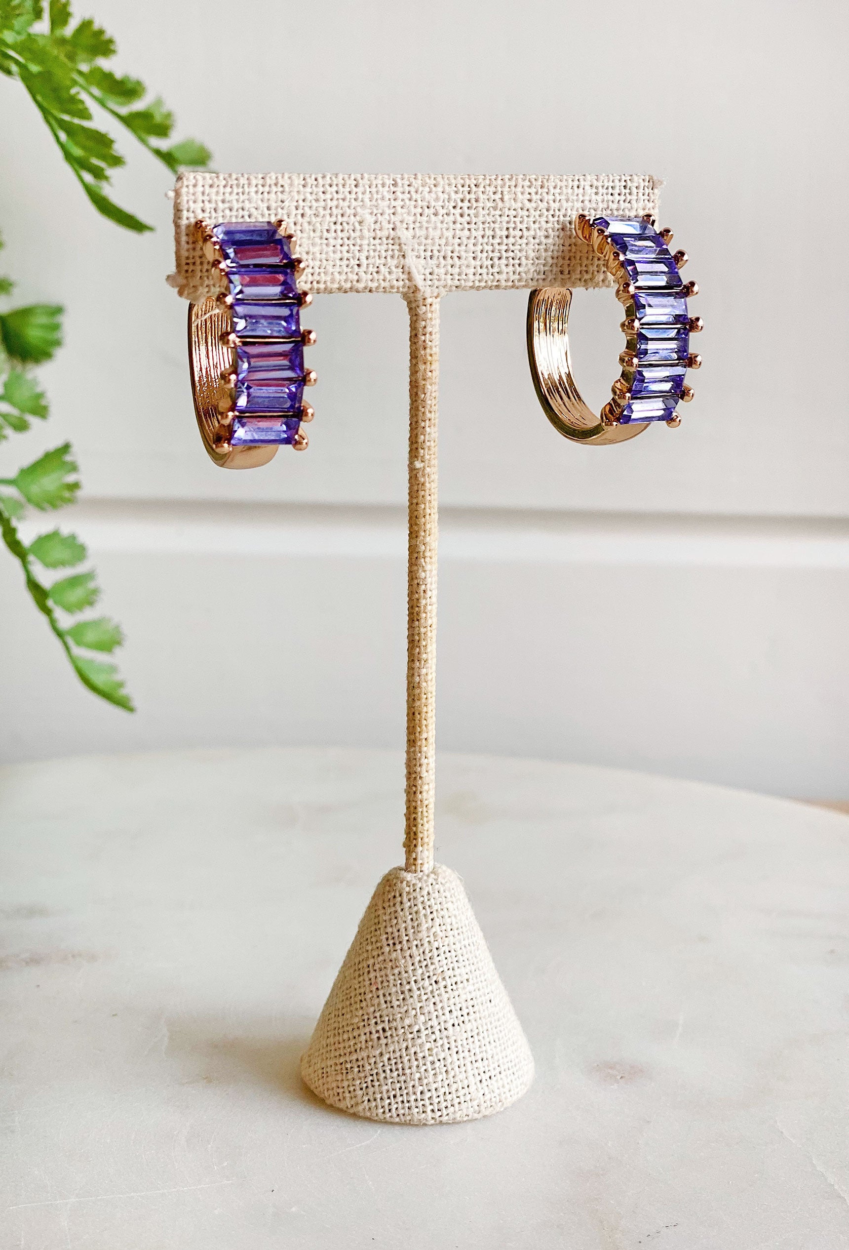 Stunning Sparkle Lavender Earrings, gold hoops with purple baguette gemstones