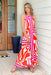 Summer Forever Maxi Dress, orange and pink abstract dress, halter neckline and open back