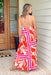 Summer Forever Maxi Dress, orange and pink abstract dress, halter neckline and open back