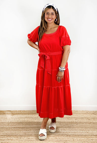 Summer Soiree Midi Dress. Red midi dress with tie around the waist. Put sleeves and tired detailing.