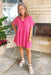 Sunny Days Dress in Pink, pink tiered dress, short sleeves with pleated v-neck detail