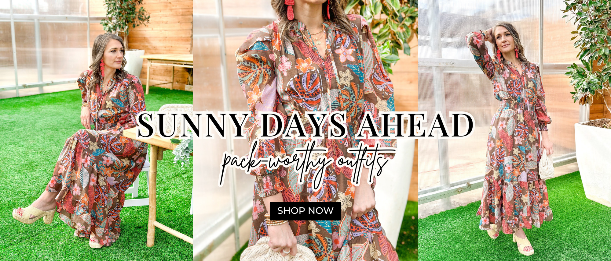 Sunny Days Ahead, pack-worthy outfits, shop now. Model wearing a tropical floral printed maxi dress with long sleeves and an elastic waist styled with raffia heels, beaded earrings and gold jewelry.