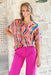 Sunshine On A Cloudy Day Blouse, Colorful abstract top with a V neckline 
