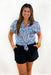 Sweet Escape Button Up Top, blue and cream printed top, button up with tie detail at bottom