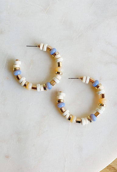 Sweet Life Earrings in Ivory, gold, ivory and blue beaded hoop earrings
