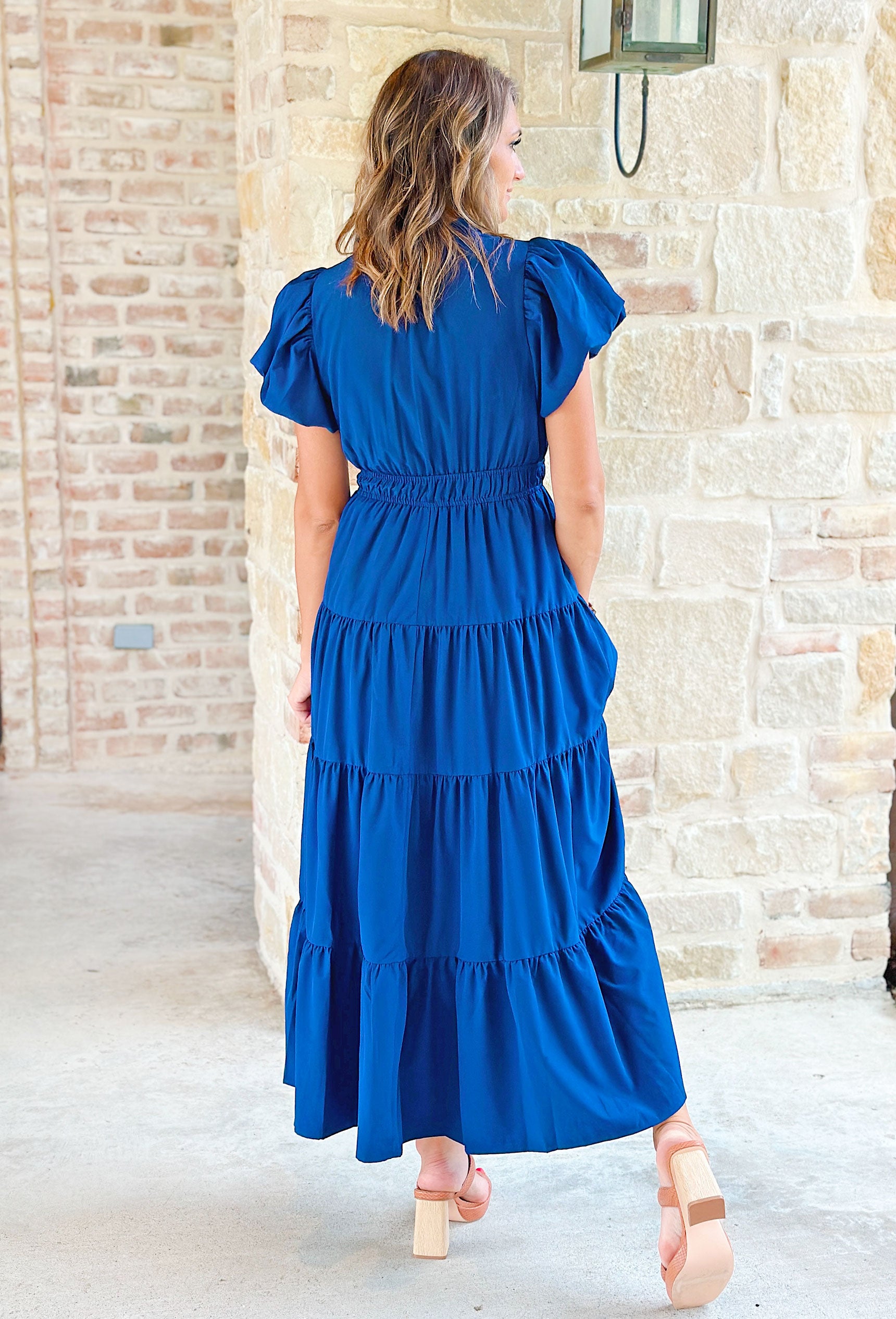 Take It To Heart Midi Dress in Navy, V-Neck puff sleeve tiered dress with cinching at the waist line