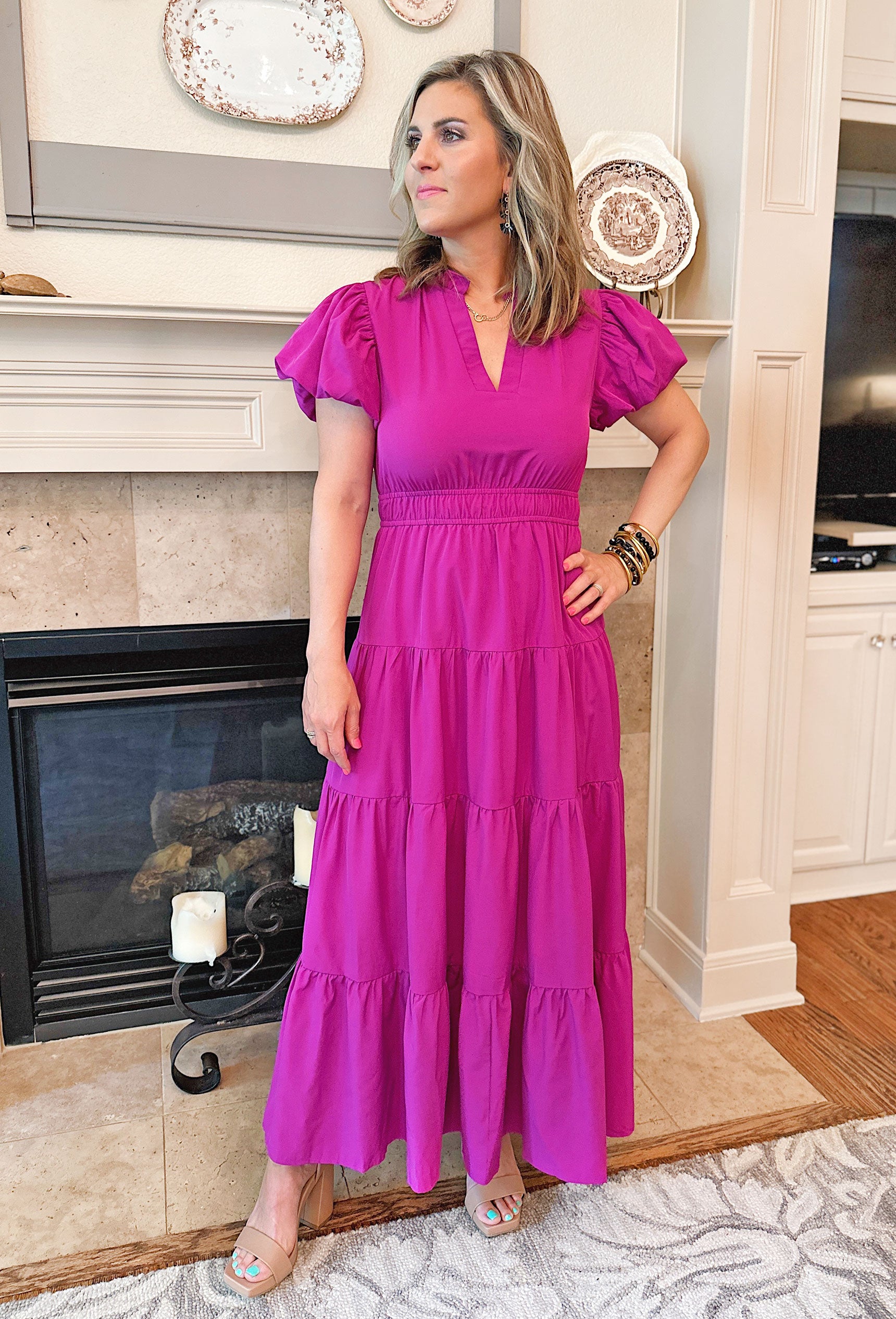Take It To Heart Midi Dress in Violet, V-Neck puff sleeve tiered dress with cinching at the waist line