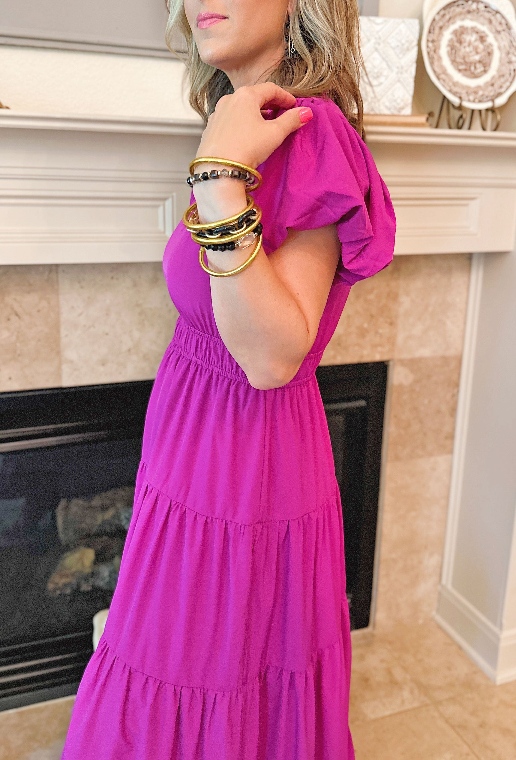 Take It To Heart Midi Dress in Violet, V-Neck puff sleeve tiered dress with cinching at the waist line