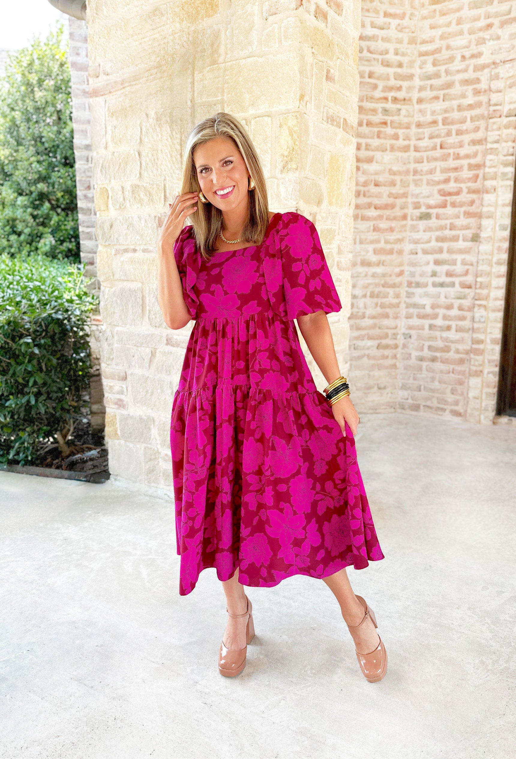 Take Me Away Floral Midi Dress, hot pink and cranberry floral puff sleeve midi dress with a square neck