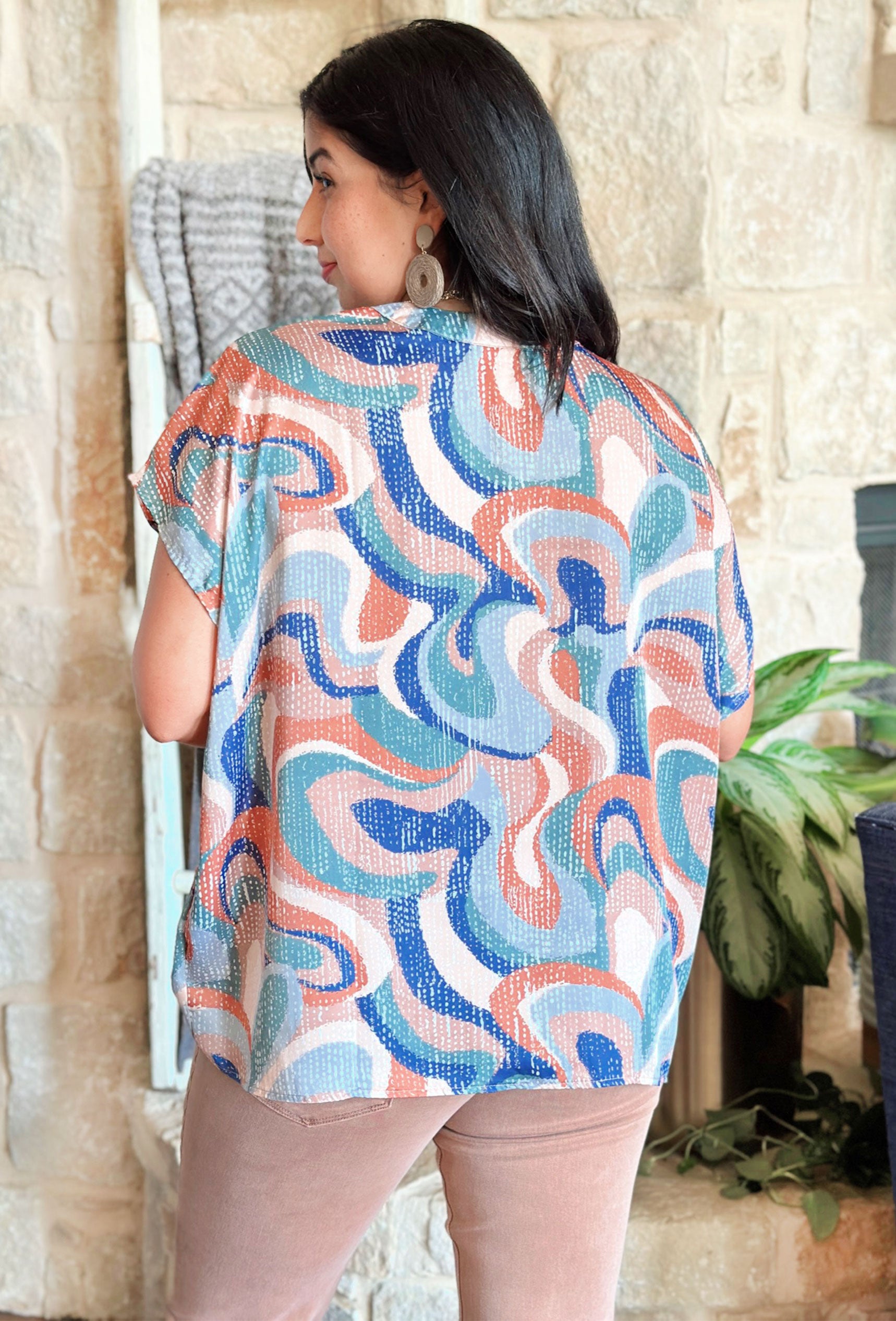 Take Your Time Blouse, Blue, sage, terracotta, and cream abstract line blouse with V-neck line  