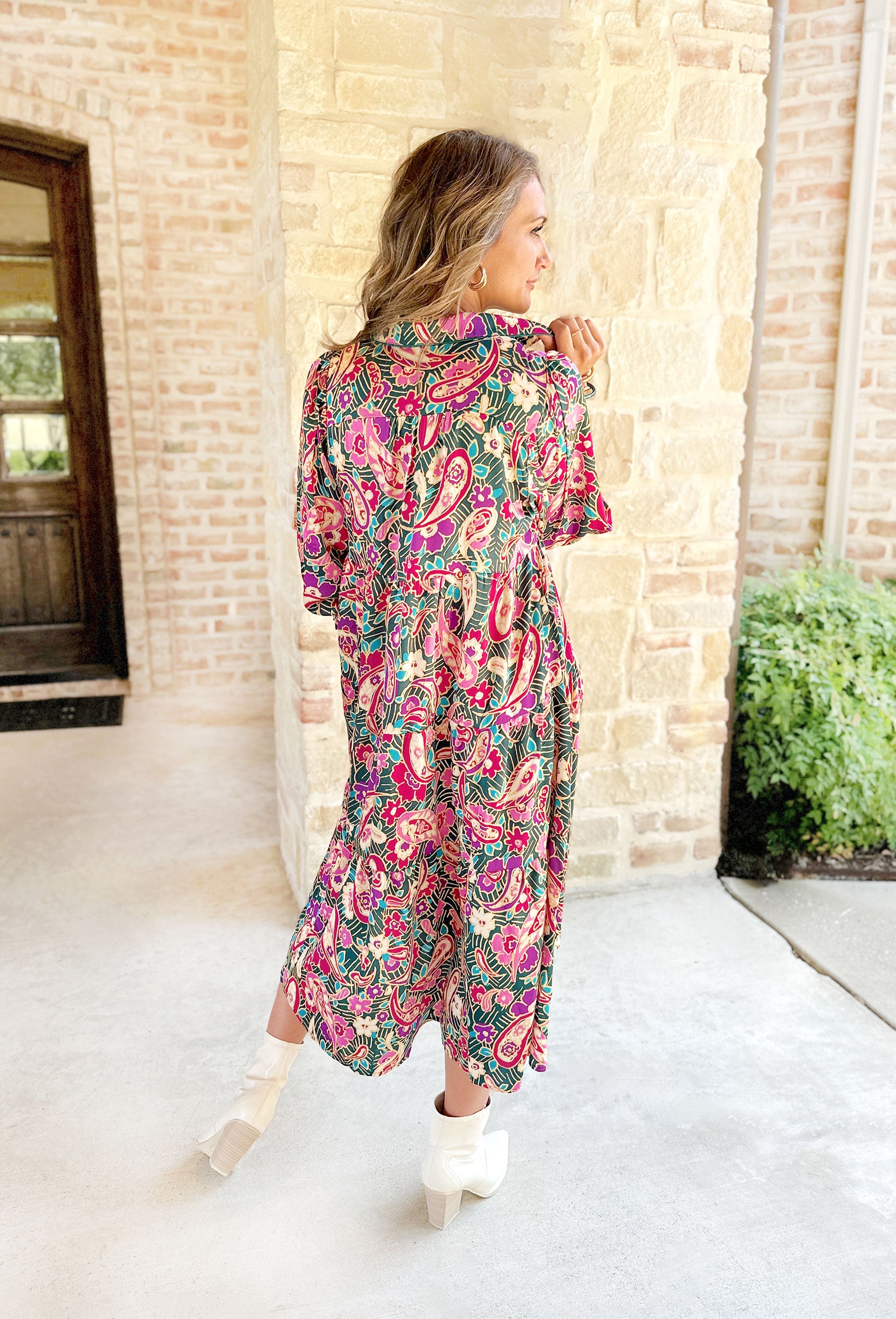 Sonoma Sways Midi Dress, paisley printed midi dress with soft v-neck and quarter length sleeves. Colors are magenta, fuchsia, teal, gold, cranberry, forest green
