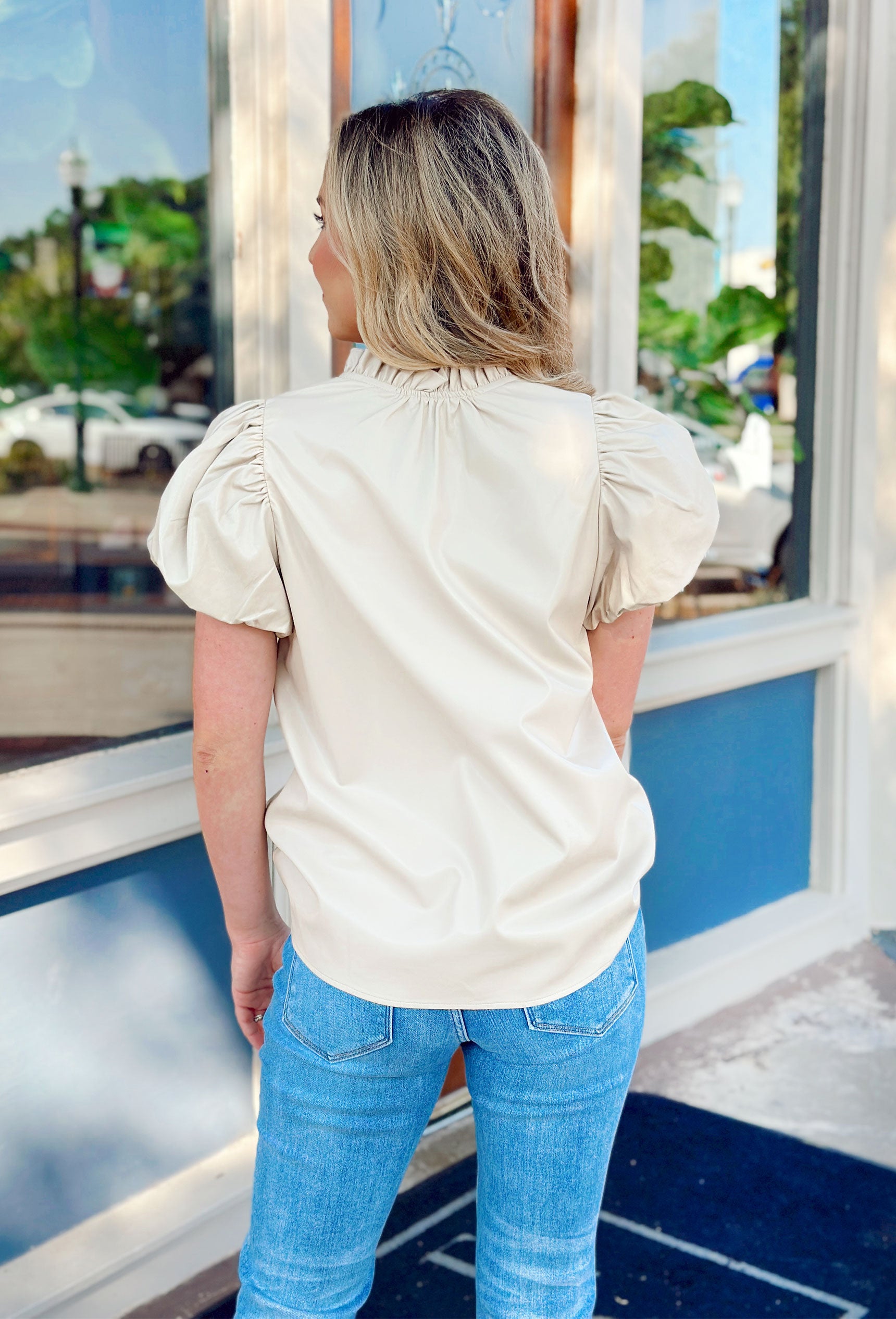 Rylie Leather Top in Almond, short cream leather puff sleeve top with v-neck 