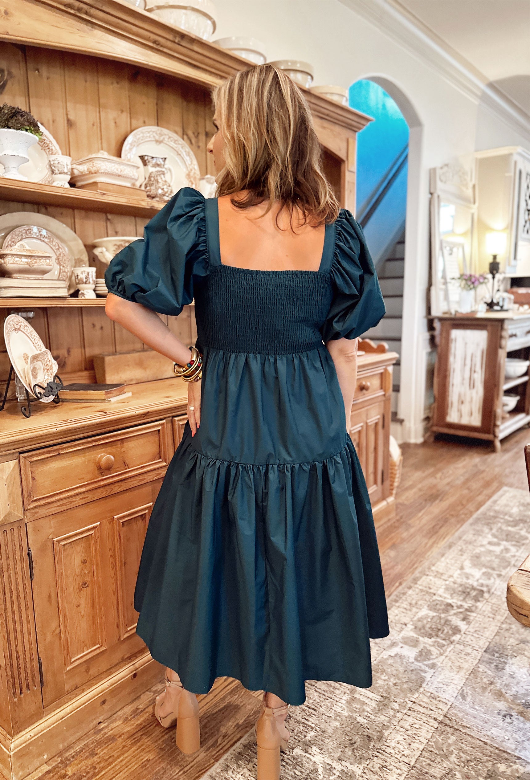 Think of Me Midi Dress in Teal Green, tiered dress, puff sleeves, square neckline, midi dress