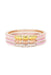 BUDHAGIRL Three Queens Bangles in Petal Pink, set of three bangles, different shades of pink, with a gold, silver and rose gold metal detial 