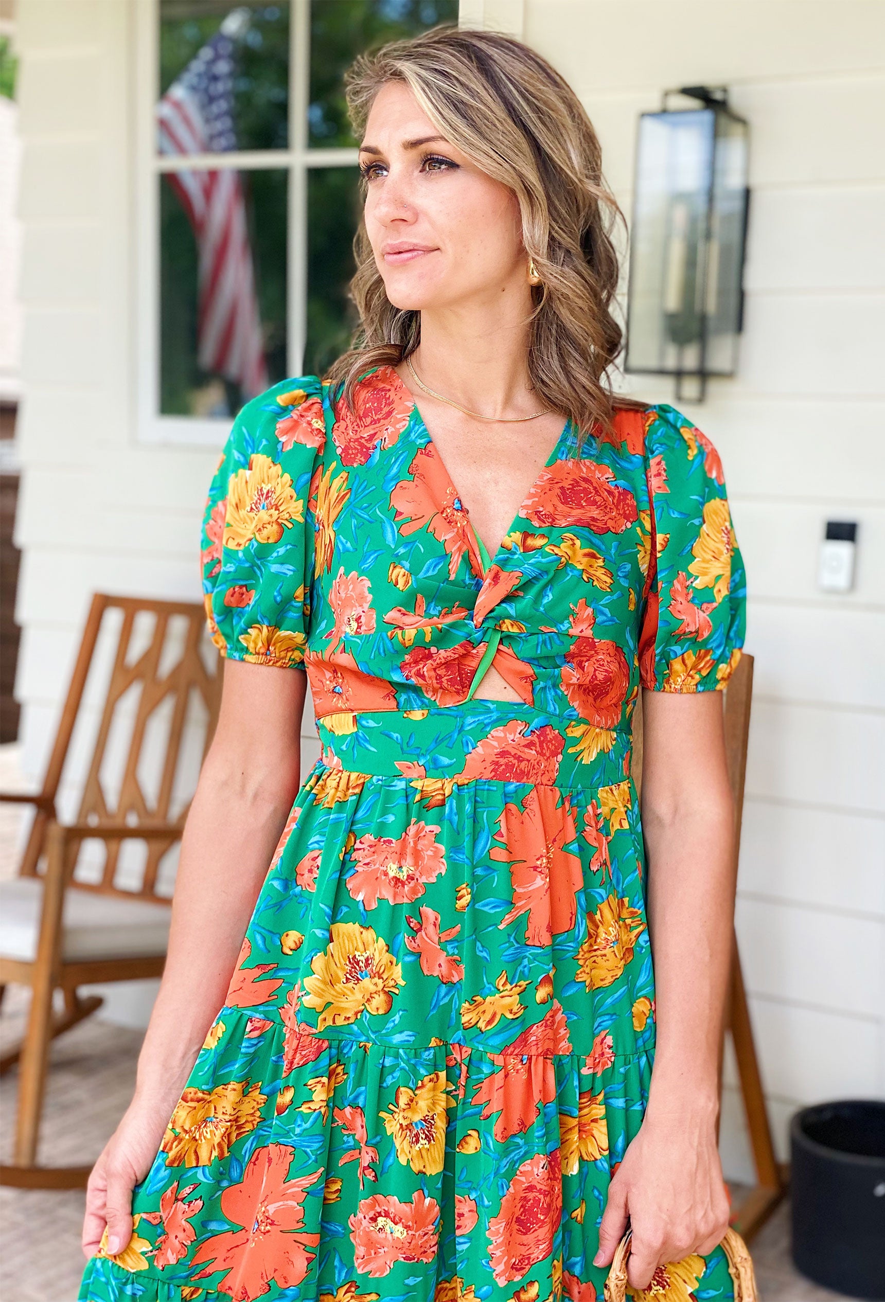 Time Will Tell Maxi Dress, green tiered maxi dress with orange and yellow floral, keyhole design