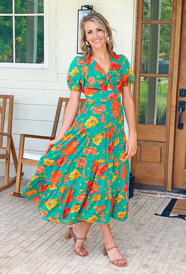 Time Will Tell Maxi Dress, green tiered maxi dress with orange and yellow floral, keyhole design