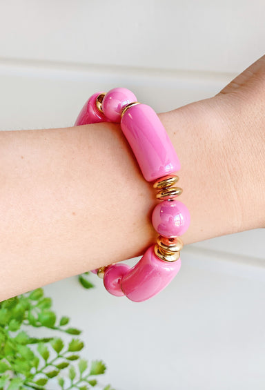Time To Shine Bracelet in Pink, single beaded bracelet mixed with gold beads