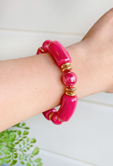 Time To Shine Bracelet in Fuchsia, single beaded bracelet mixed with gold beads