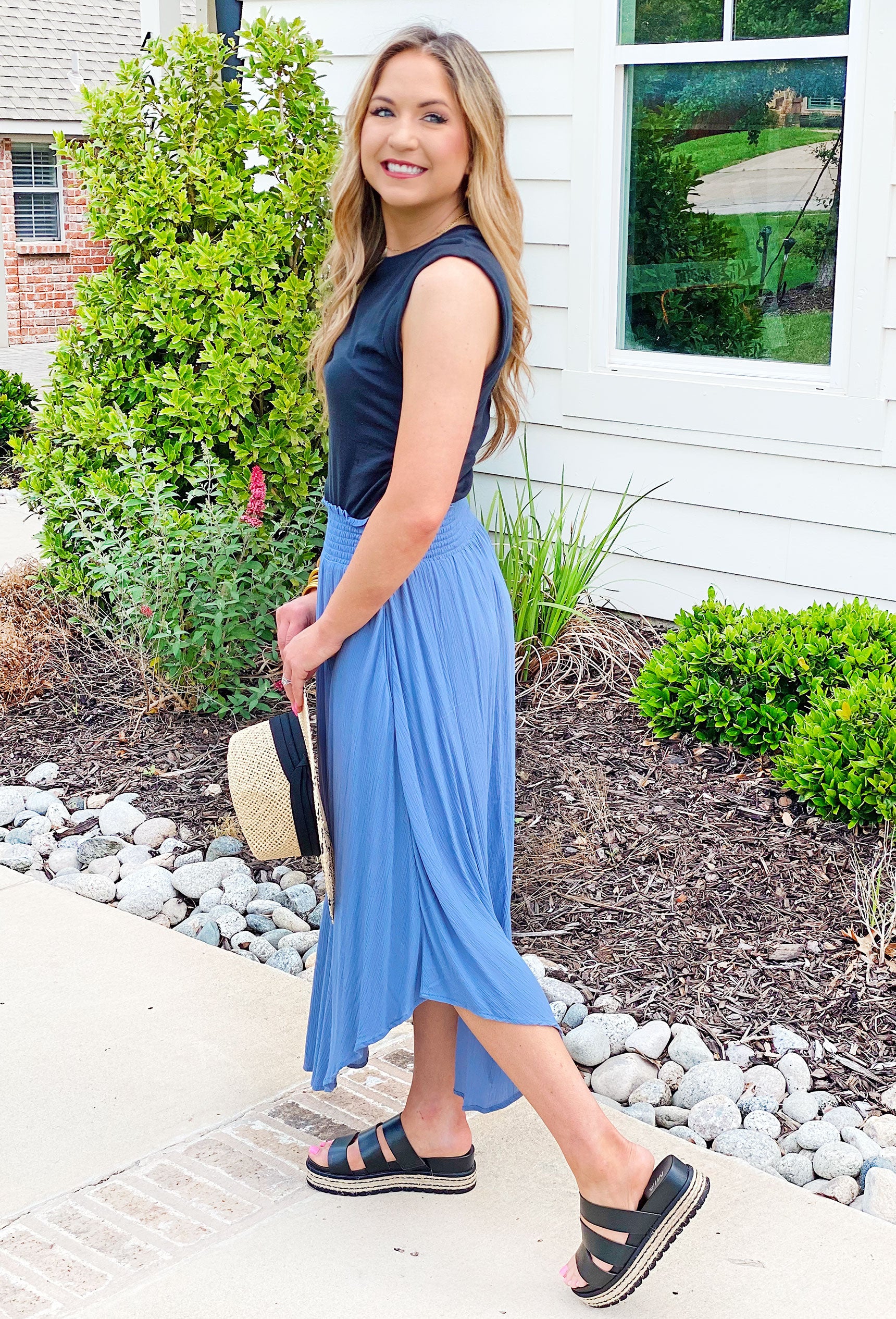 Tori Maxi Skirt in Azure, Blue maxi dress featuring a smocked waist and flowy fit