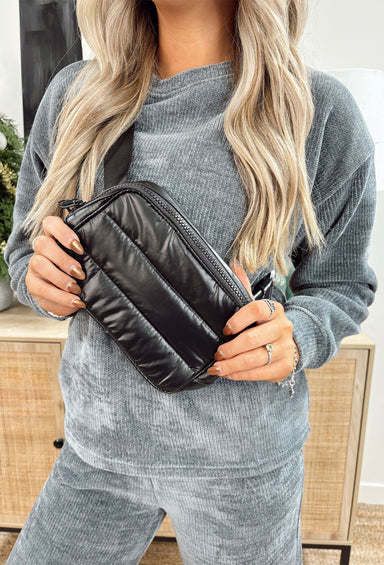 Tori Quilted Belt Bag in Black, black shiny puffer beltbag