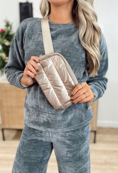 Tori Quilted Belt Bag in Champagne, Champagne shiny puffer beltbag