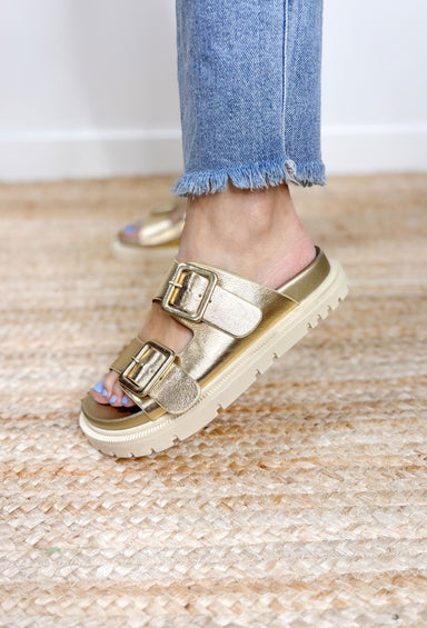 Gen Sandals in Gold, gold and cream two strap sandal with slight platform, shoe hugs the foot and has adjustable straps
