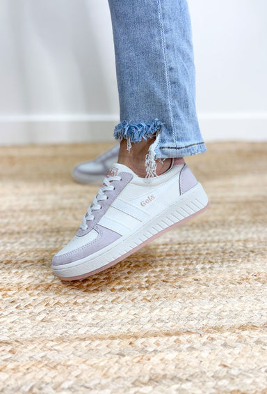 Gola Grandslam 88 Sneakers in Pearl Pink, whites sneaker base with faded periwinkle details, white stripes and mauve sole and "gola" branding