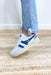 Gola Grandslam Trident Sneakers in Moonlight, white sneaker base with bone sole, cobalt stripes, light grey details, fuchsia "gola" branding 