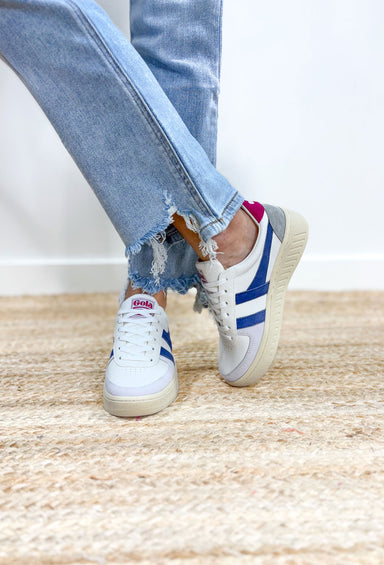 Gola Grandslam Trident Sneakers in Moonlight, white sneaker base with bone sole, cobalt stripes, light grey details, fuchsia "gola" branding 