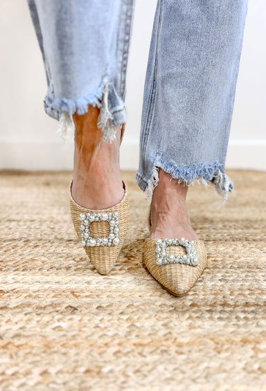Meryl Raffia Flats, raffia pointed toe flats with small strap on the back heel and pearl buckle on the toe