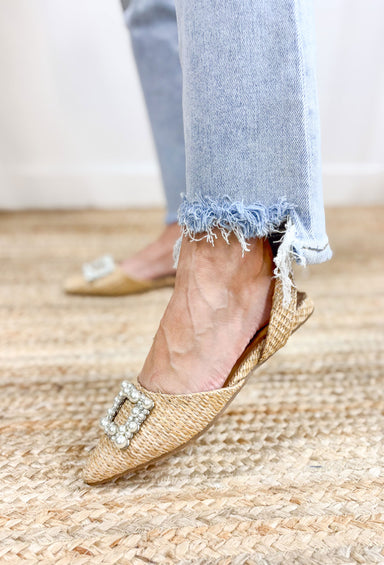 Meryl Raffia Flats, raffia pointed toe flats with small strap on the back heel and pearl buckle on the toe