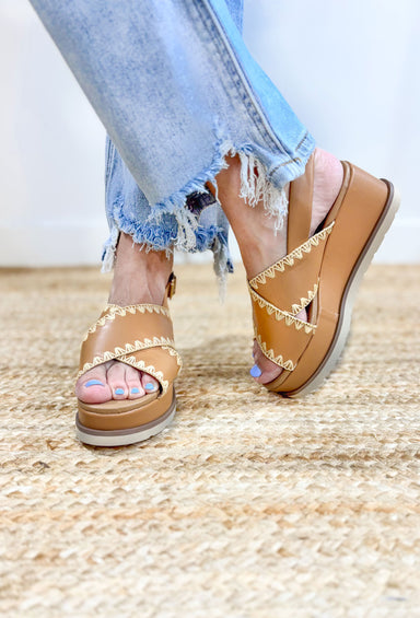 Once Wedges in Natural, tan platform wedges with cross straps across the top of the foot with cream stitching and a heel strap