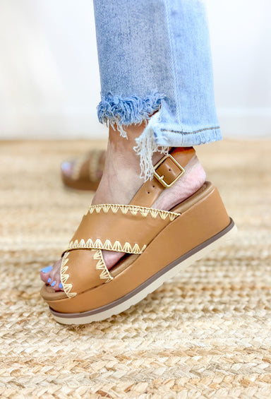 Once Wedges in Natural, tan platform wedges with cross straps across the top of the foot with cream stitching and a heel strap