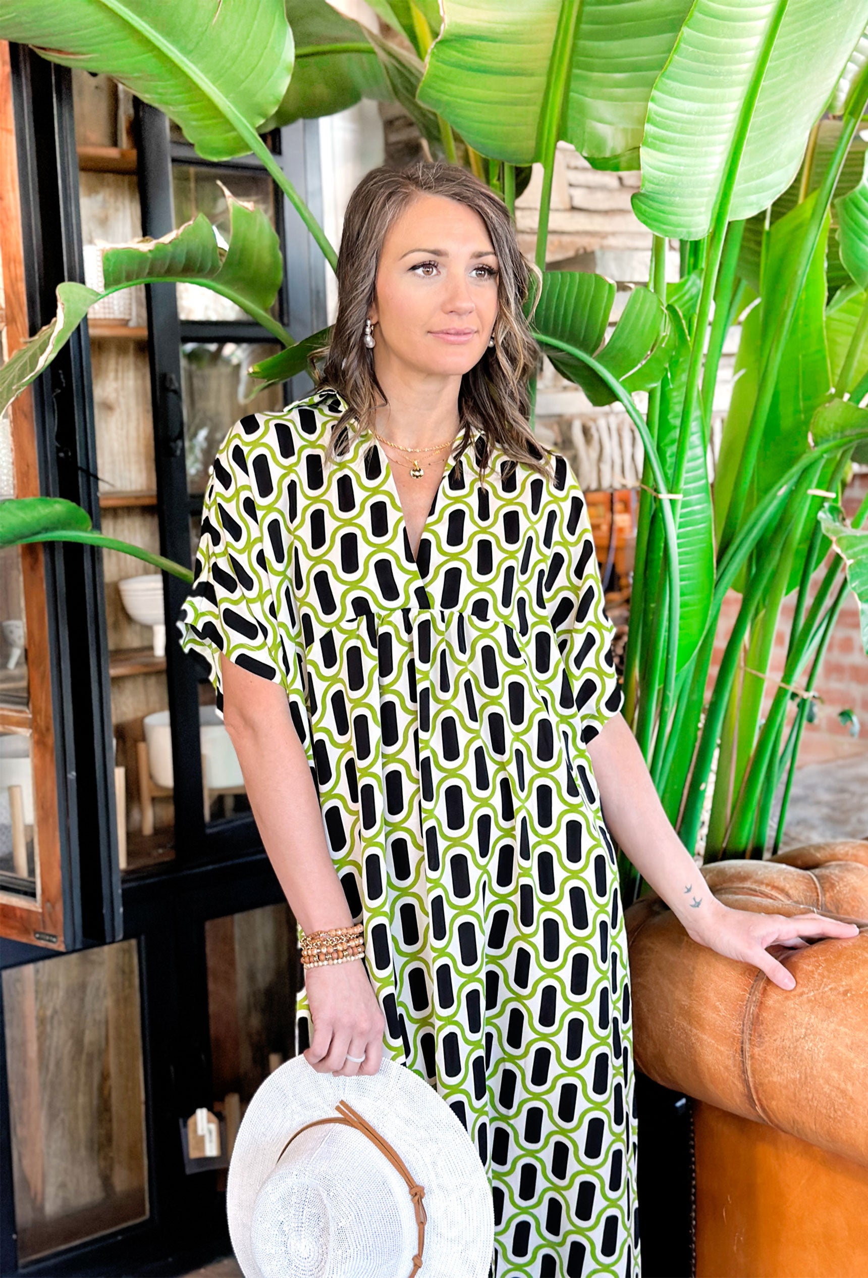 Adore Me Midi Dress, short sleeve patterned midi dress with collar in colors lime, white, and black 
