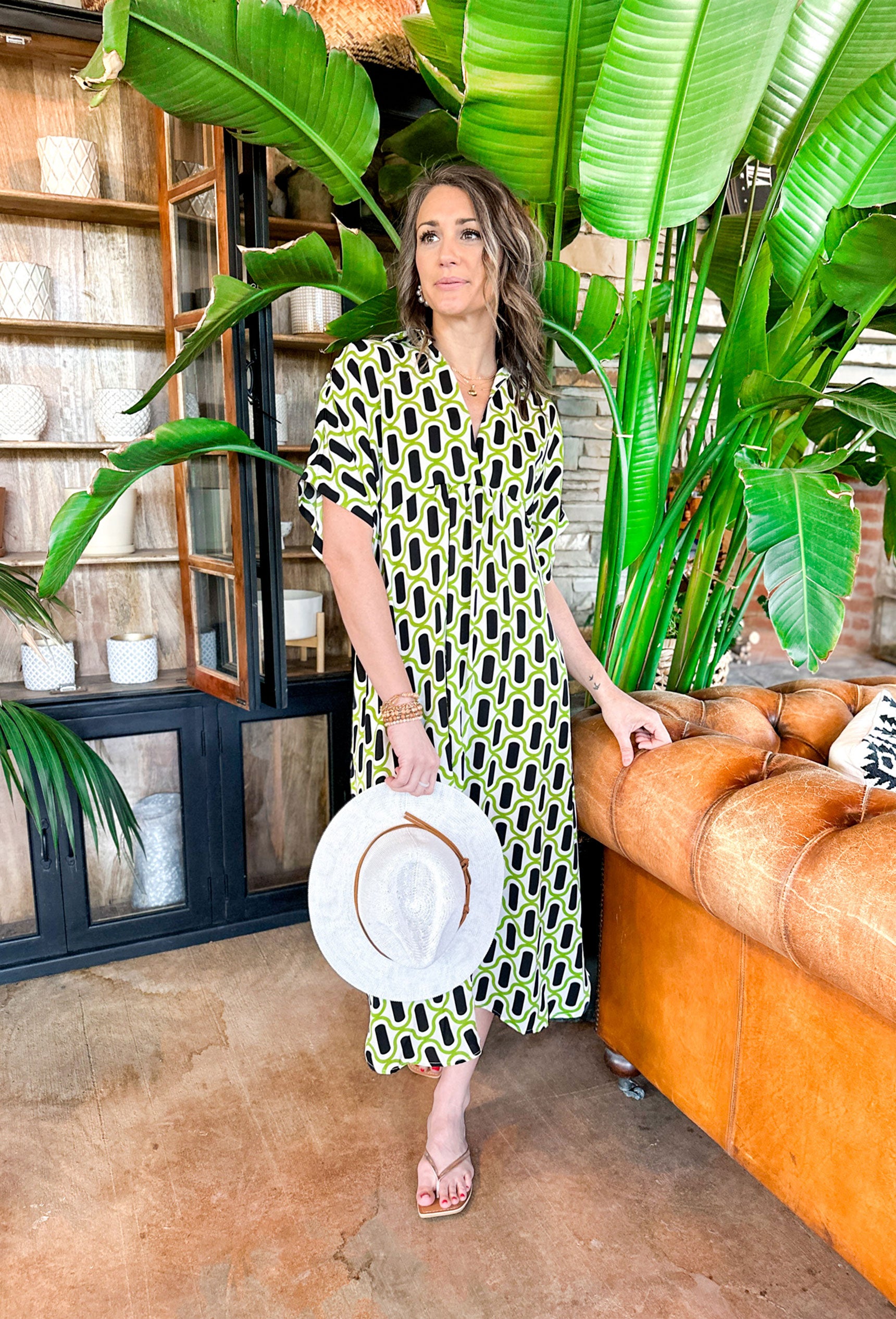 Adore Me Midi Dress, short sleeve patterned midi dress with collar in colors lime, white, and black 