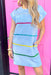 All The Attention Dress in Blue, short sleeve blue textured dress with pockets, silver, hot pink, electric blue, yellow, & green horizontal sequin stripes on the dress