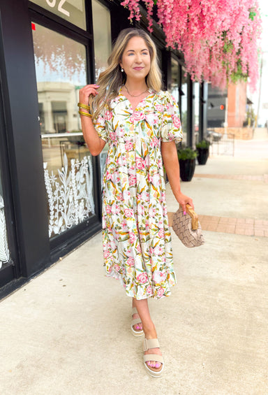 All The Blooms Midi Dress, white short puff sleeve midi dress with v-neck, light pink and hot pink roses with a muted green leaves