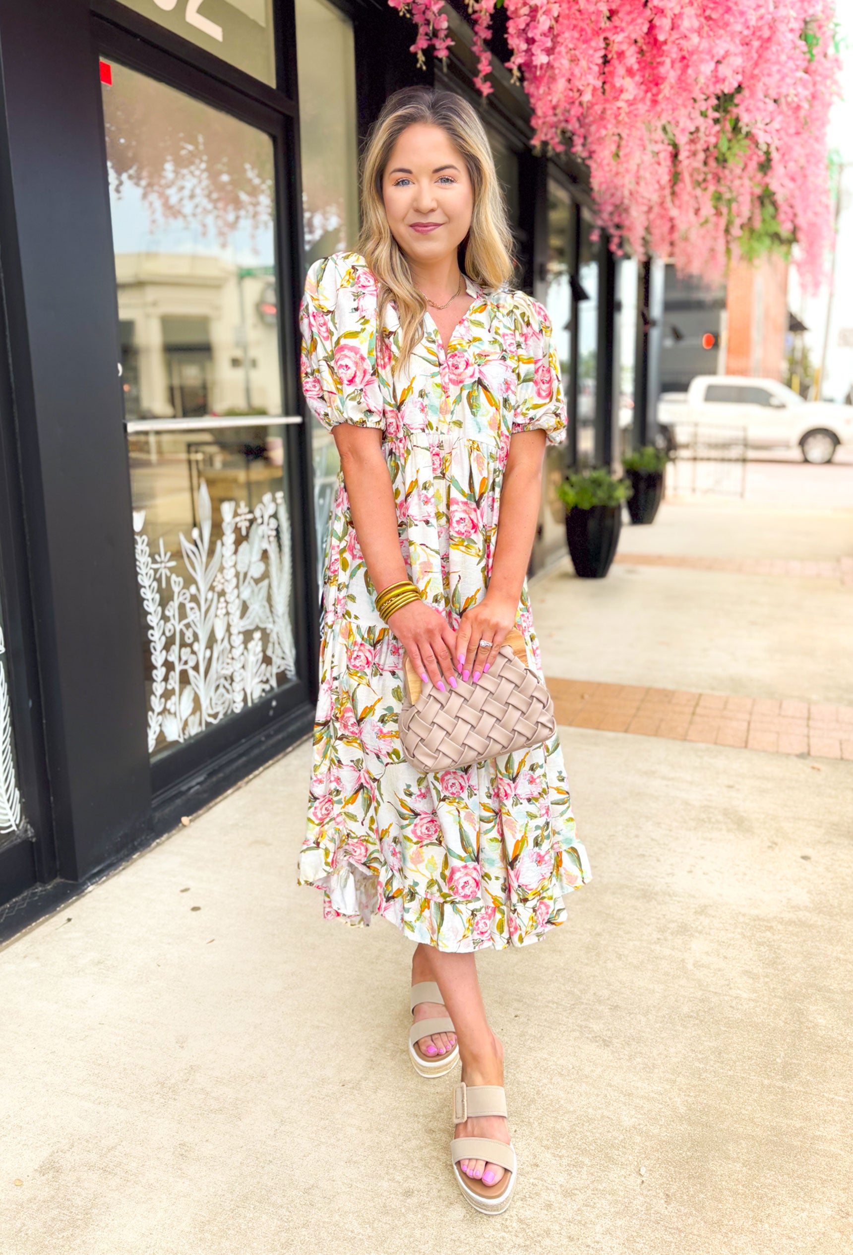 All The Blooms Midi Dress, white short puff sleeve midi dress with v-neck, light pink and hot pink roses with a muted green leaves