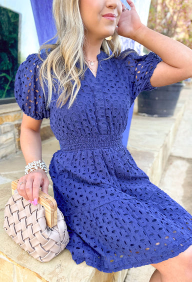 Back To You Dress in Navy, navy eyelet short puff sleeve dress with cinching at the waist and small v-neck