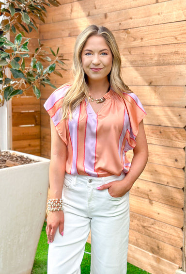 Better Off Blouse in Peach, peach and lilac abstract striped short sleeve blouse with v-neck