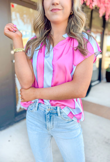 Better Off Blouse in Pink, hot pink and light blue abstract striped short sleeve blouse with v-neck