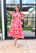 Beyond Romance Midi Dress, pink, red, white, and coral midi short sleeve dress with v-neck 