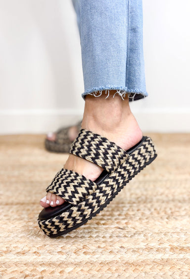 Beach by Matisse Borderline Sandals, black and tan woven cheveron sandals with two straps and small platform 