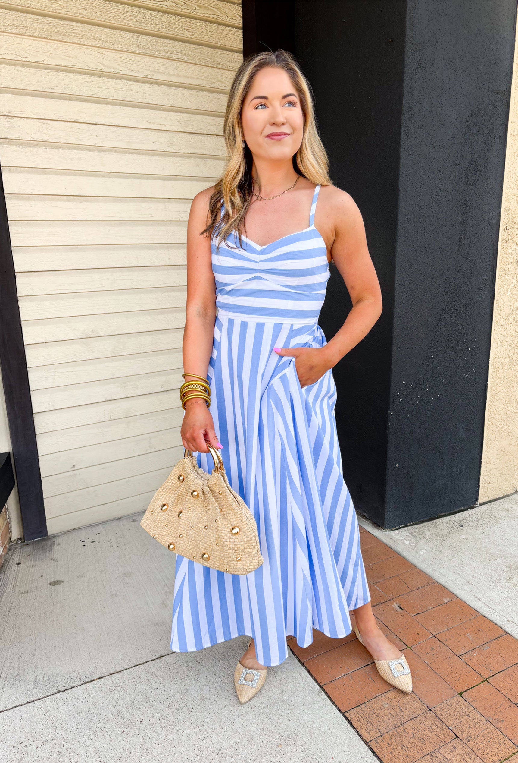 Brunch In Capri Midi Dress, spaghetti strap blue and white striped midi dress with pockets