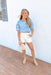 Call Me Back Top, short sleeve light denim v-neck blouse with puff sleeves
